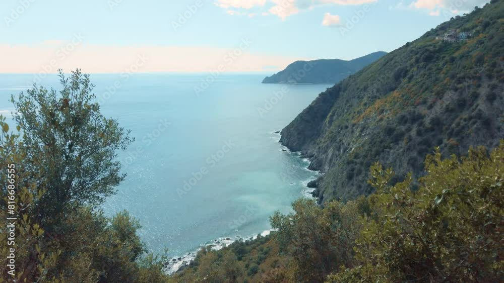 Cinque Terre Coastal View Corniglia to Vernazza, Waves, Trees, Azure Sky Cinque Terre Coastal View Corniglia to Vernazza, Waves, Trees, Azure Sky