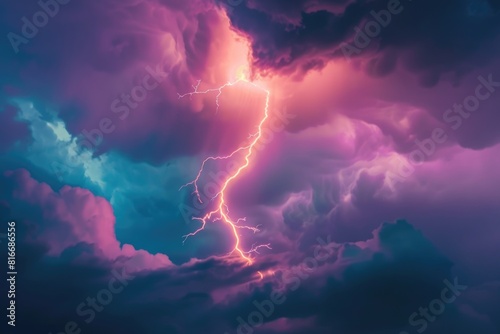 Dramatic purple and blue sky with a striking lightning bolt. Perfect for weather or nature concepts photo