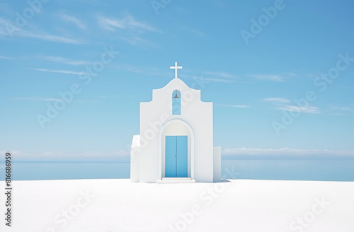 Seaside Serenity: Idyllic White Chapel by the Blue Sea © Canvas Alchemy