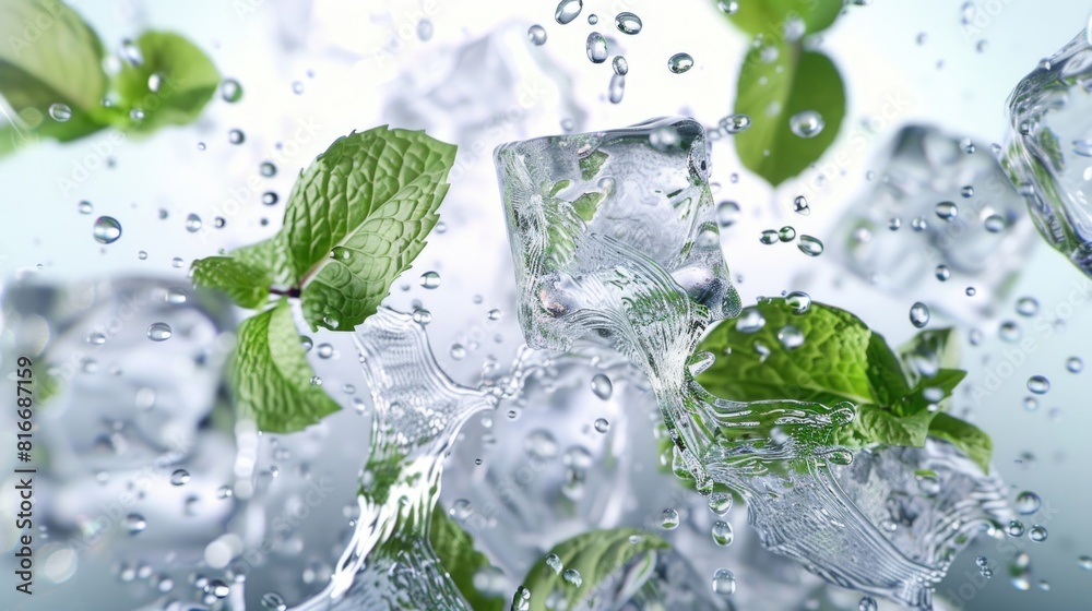 Refreshing ice cubes with mint leaves, perfect for summer drinks Refreshing ice cubes with mint leaves, perfect for summer drinks