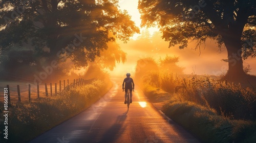 A cyclist riding along a country road at sunrise, with the golden light filtering through the trees, illustrating the freedom and joy of a morning bike ride in nature. photo