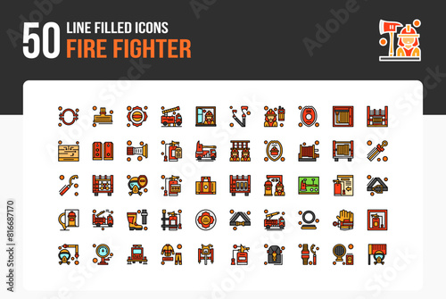 Set of 50 Fire Fighter icons related to Fire fighter, Fire Station, Fire Truck, Fire Hose Line Filled Icon collection