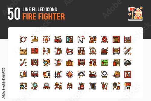 Set of 50 Fire Fighter icons related to Fire fighter, Fire Station, Fire Truck, Fire Hose Line Filled Icon collection photo