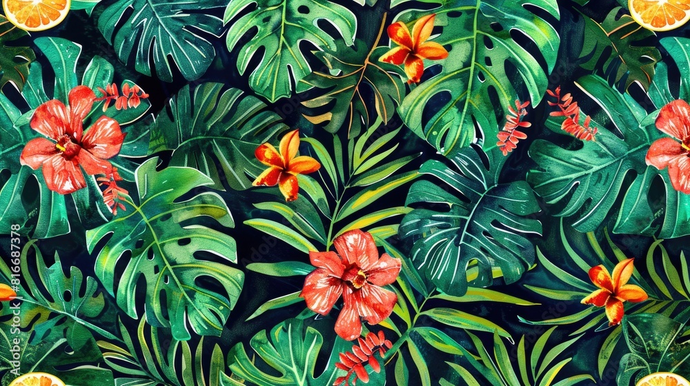 Seamless watercolor pattern featuring tropical design elements including exotic flora and foliage hand painted Seamless watercolor pattern featuring tropical design elements including exotic flora and foliage hand painted
