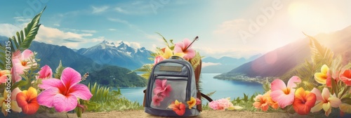 Summer holiday tropic mountains with a travel bag banner with space for tex . beach element tropical flowers. Ai generative photo