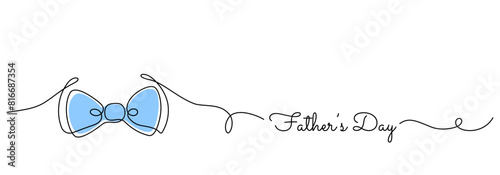 Father's Day one line art minimal banner with a man blue bow tie abstract drawing and hand drawn style text. Vector holiday greeting card outline background.