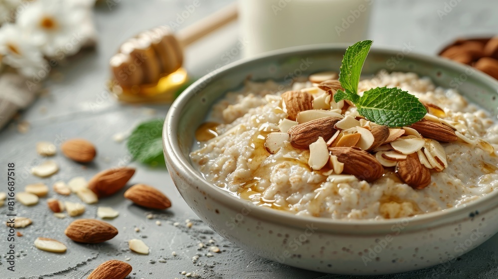 A minimalist composition of a bowl of oatmeal topped with sliced almonds and honey, accompanied by a glass of milk and a sprig of fresh mint, set against a simple, clean background A minimalist composition of a bowl of oatmeal topped with sliced almonds and honey, accompanied by a glass of milk and a sprig of fresh mint, set against a simple, clean background