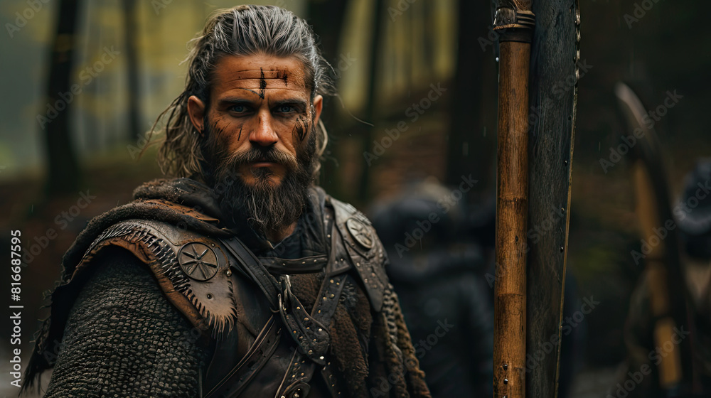 Aggressive Male Warrior Standing with Axe and Shield in Forest Aggressive Male Warrior Standing with Axe and Shield in Forest