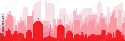 Red panoramic city skyline poster with reddish misty transparent background buildings of WINNIPEG, CANADA
