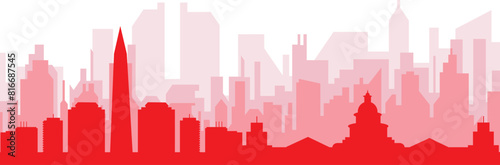 Red panoramic city skyline poster with reddish misty transparent background buildings of WASHINGTON D.C, UNITED STATES