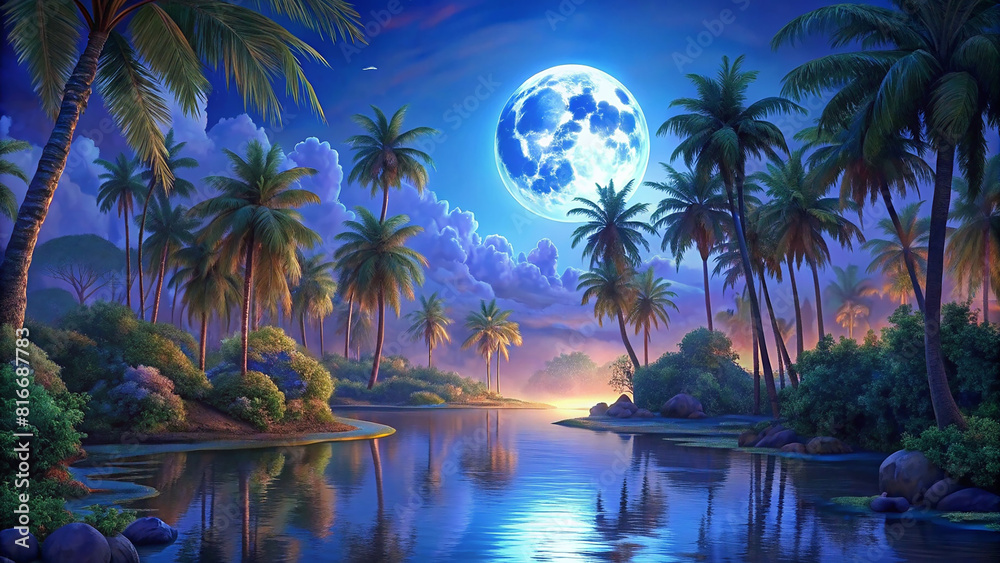 Landscape of the night jungle. Lagoon with moon reflection Landscape of the night jungle. Lagoon with moon reflection