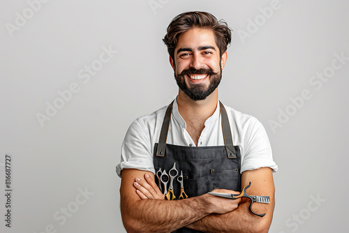 Portrait of cheerful joyful barber with stubble in shirt having scissors, tools, equipments in hands looking at camera isolated on white background photo