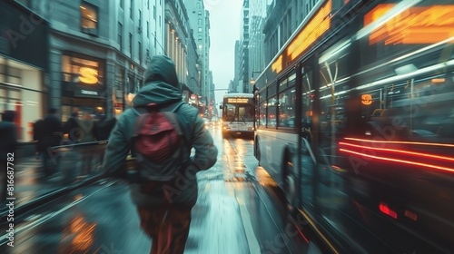 A person running to catch a departing bus, with a motion blur effect to convey speed and urgency, against a backdrop of urban buildings and traffic.