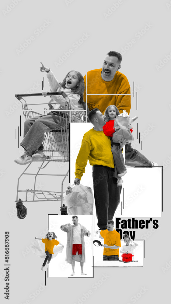 Happy father, man spending time with his little daughter. Family doing house duties together. Creative conceptual design. Happy moment of life. Concept of Happy Father Day, parenthood, holiday, care Happy father, man spending time with his little daughter. Family doing house duties together. Creative conceptual design. Happy moment of life. Concept of Happy Father Day, parenthood, holiday, care