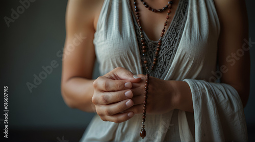 Asian muslim woman wearing prayer beads pray with tasbih,Generative.Ai
 photo