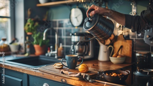 A person standing at a kitchen counter  pouring coffee into a mug  with a clock on the wall showing a designated break time  emphasizing the ritual of a coffee break.