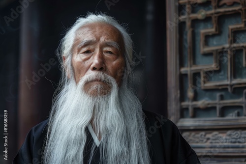 Dignified elderly asian man with a long beard and traditional attire poses thoughtfully