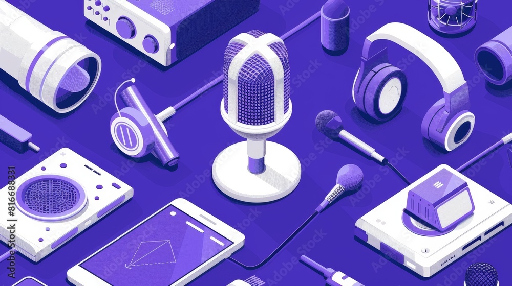An isometric mock up of a podcasting business with media equipment, the microphone, a smartphone, and speakers on a landing page. Record an audio broadcast, audio interview, or live talk. An isometric mock up of a podcasting business with media equipment, the microphone, a smartphone, and speakers on a landing page. Record an audio broadcast, audio interview, or live talk.