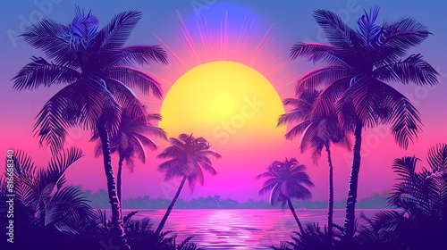 A vibrant digital artwork showcasing a tropical sunset with silhouette palm trees against a vivid sky of purple pink and orange hues.