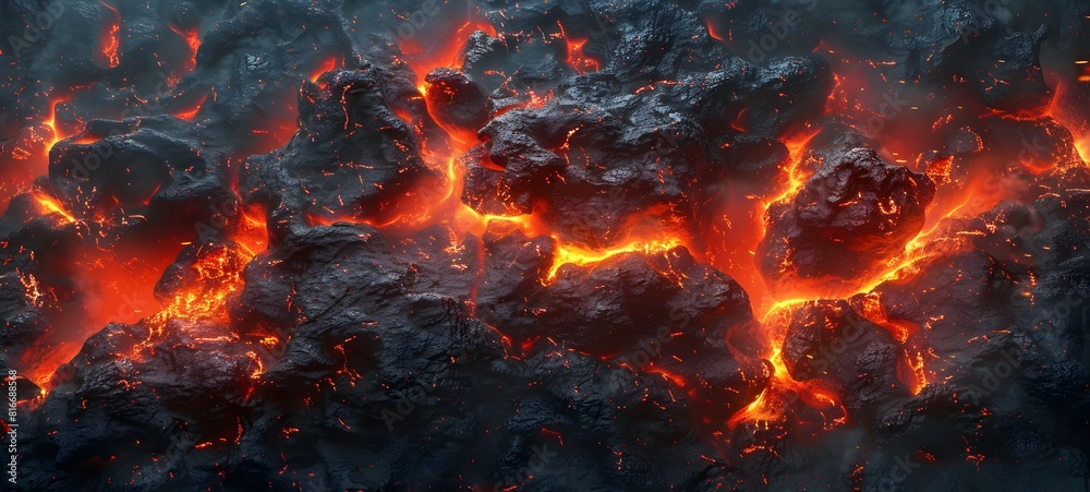 A close-up of a black rock with red glowing lava. The rock is cracked and broken, and the lava is flowing out of it. Concept of danger and destruction, as the lava is hot A close-up of a black rock with red glowing lava. The rock is cracked and broken, and the lava is flowing out of it. Concept of danger and destruction, as the lava is hot