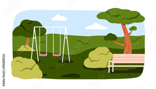 Empty playground scene. Kids amusement area landscape. Outdoor play ground in summer park with swings, seesaws, bench, trees and grass. Flat vector illustration isolated on white background © Good Studio