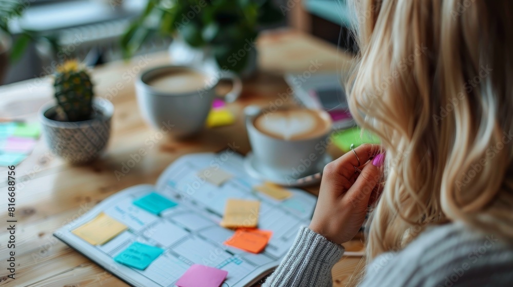 A young professional using a planner to organize daily tasks and appointments, with sticky notes and a cup of coffee on the desk.