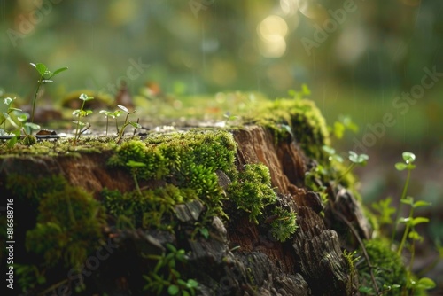 A moss covered tree stump in the woods. Suitable for nature and outdoor themes