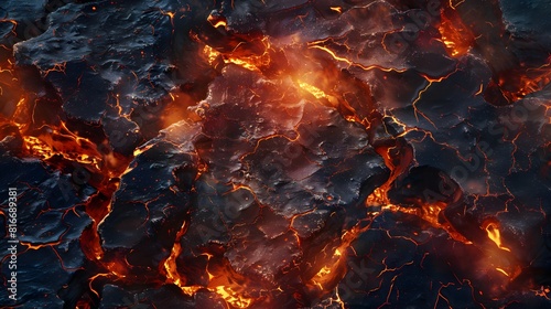 A close-up of a black rock with red glowing lava. The rock is cracked and broken, and the lava is flowing out of it. Concept of danger and destruction, as the lava is hot