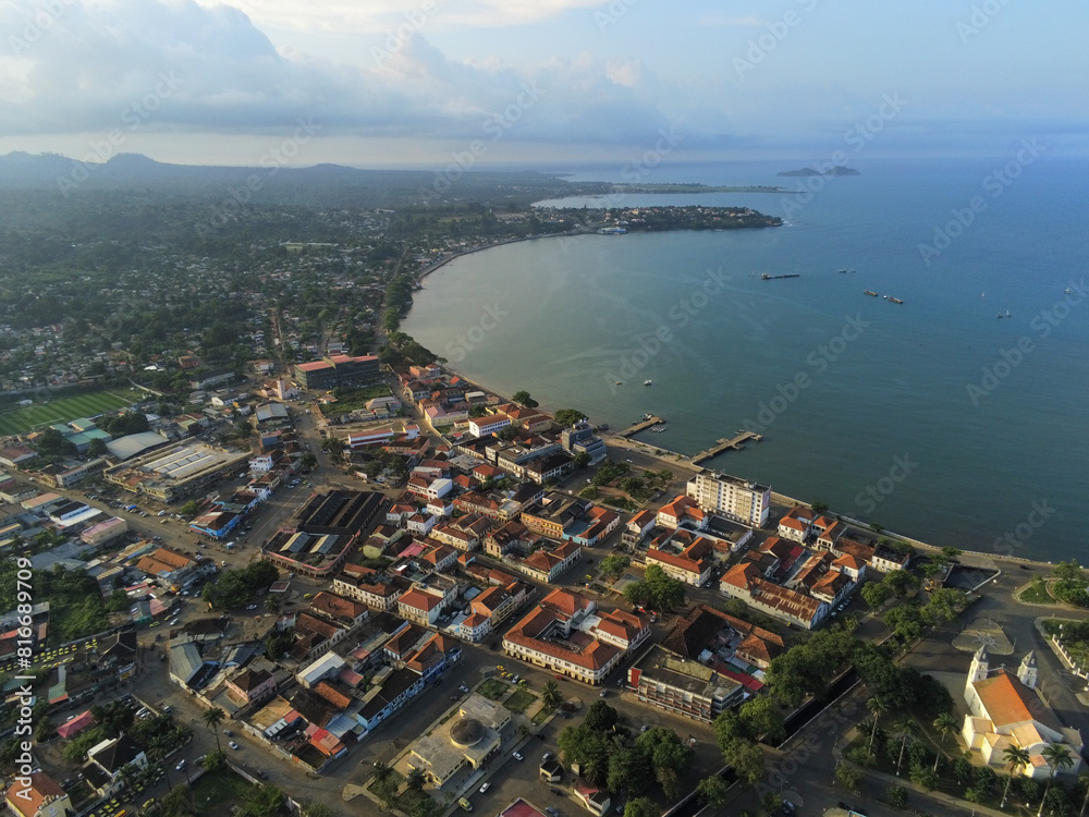 Fototapeta premium Aerial view from Sao Tome city with the coast as background, Africa.