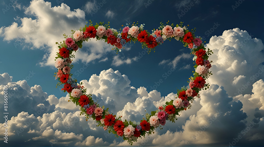 Fototapeta premium Heart shaped cloud with red or pink flowers,Generative.Ai