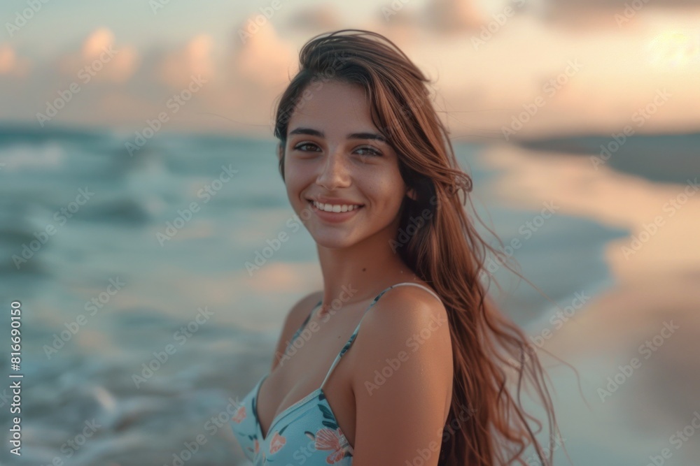 A beautiful young woman standing on the beach. Suitable for travel and vacation concepts A beautiful young woman standing on the beach. Suitable for travel and vacation concepts