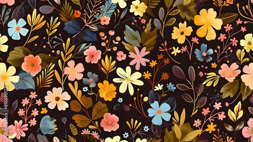 A colorful floral pattern on a black background. The flowers are of various colors and sizes  and they are arranged in a way that creates a sense of movement and depth.scene is cheerful and vibrant