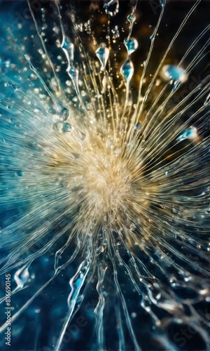 This abstract artwork captures the explosive force of water, with droplets and ripples radiating in a high-speed photographic style.. AI Generation