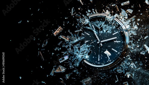 A broken clock exploding with shattered glass around it. The clock is black and has a white face. Concept of urgency and danger, as if time is running out photo
