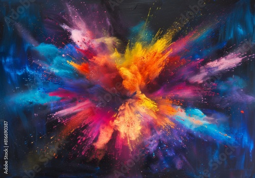 A colorful explosion of paint is splattered across a dark background. The colors are bright and vibrant  creating a sense of energy and excitement