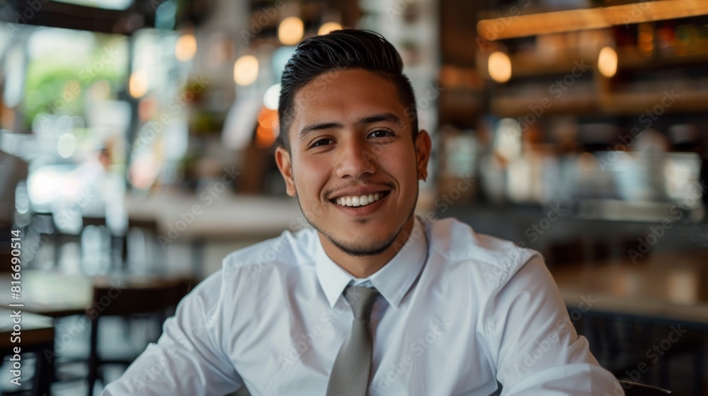 A man wearing a white shirt and a gray tie is smiling at the camera. He is sitting at a table in a restaurant
