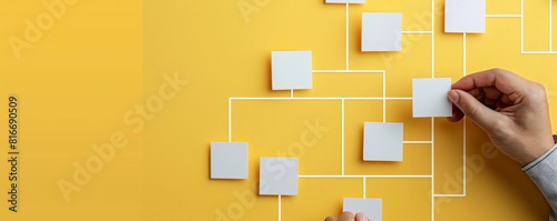 A person is holding a white piece of paper and placing it on a yellow wall. The paper is a square and is being placed in the middle of the wall. The person is likely creating a diagram or chart photo
