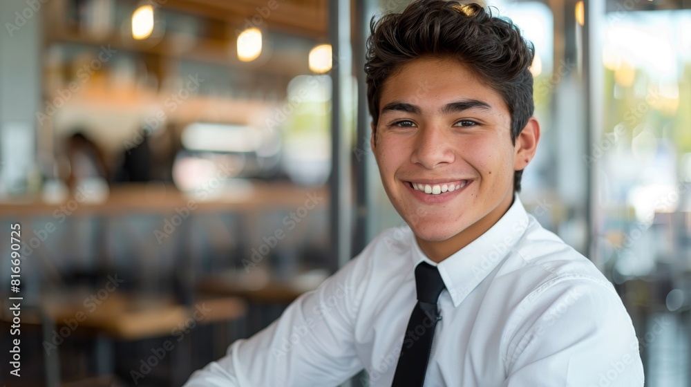 Fototapeta premium A young man wearing a white shirt and black tie is smiling for the camera. Concept of confidence and professionalism, as the man is dressed in a business attire
