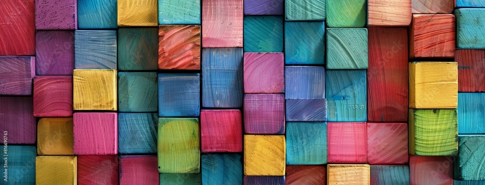 A colorful wall made of wooden blocks. The blocks are of different colors and sizes, creating a vibrant and lively atmosphere. The wall appears to be a work of art A colorful wall made of wooden blocks. The blocks are of different colors and sizes, creating a vibrant and lively atmosphere. The wall appears to be a work of art