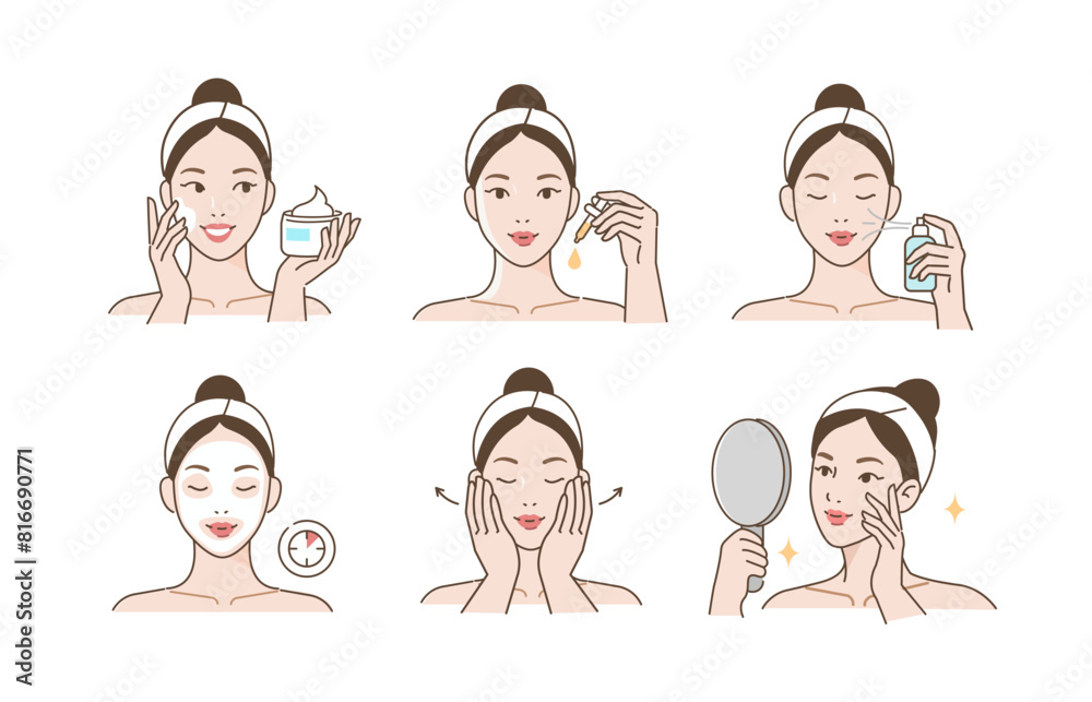 Skincare set. Collection of girl taking care of her face and applying serum, moisturizing cream, lotion and facial mask. Beauty and hygiene concept. Vector illustration. Skincare set. Collection of girl taking care of her face and applying serum, moisturizing cream, lotion and facial mask. Beauty and hygiene concept. Vector illustration.