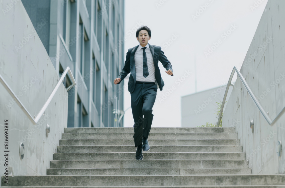 A man in a suit and tie runs up a set of stairs. Concept of urgency and determination as the man rushes up the steps A man in a suit and tie runs up a set of stairs. Concept of urgency and determination as the man rushes up the steps