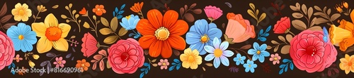 A colorful floral border with a variety of flowers including rose daisies and tulips #816690961