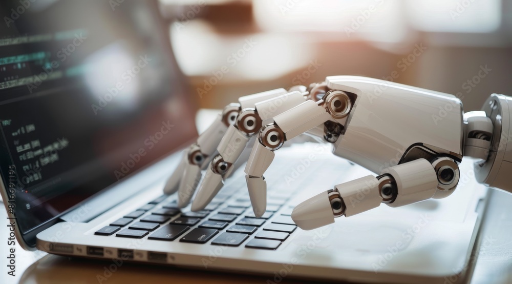 Naklejka premium A robot is typing on a laptop keyboard. The robot is white and has a mechanical appearance. The laptop is open and the robot's hand is on the keyboard. Concept of technology and automation