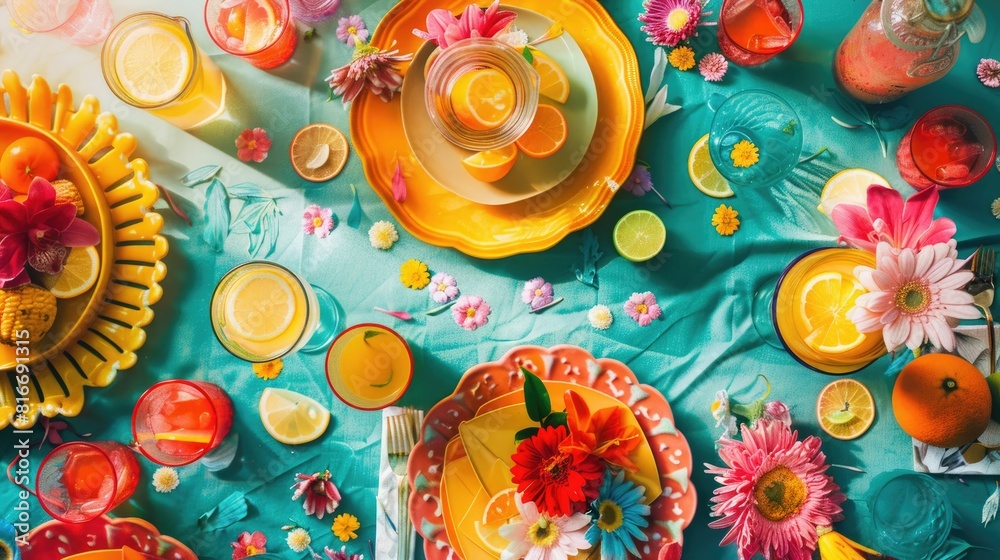 An intricate table setting with colorful dishware and drinks arranged in a circular pattern, resembling a painting of a vibrant aquatic organism AIG50
