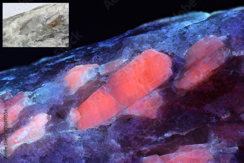 Crystals of major industrial lithium ore spodumene showing red fluorescence in ultraviolet light (365 nm).   Smaller image showing same sample in normal daylight.