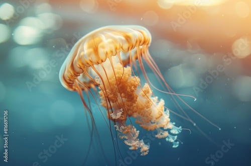 A jellyfish gracefully glides through the clear blue waters, its translucent body glistening under sunlight