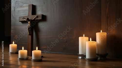 Eucharist celebration with cross and candle,Generative.Ai
 photo