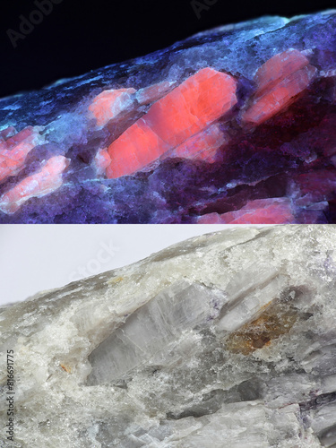 Crystals of major industrial lithium ore spodumene showing red fluorescence in ultraviolet light (365 nm).   Lower image showing same sample in normal daylight.