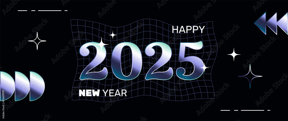 New 2025 year postcard in a retro y2k aesthetic, party banner, greeting, invitation, vector art with graphic metallic shapes, frames and stars.
