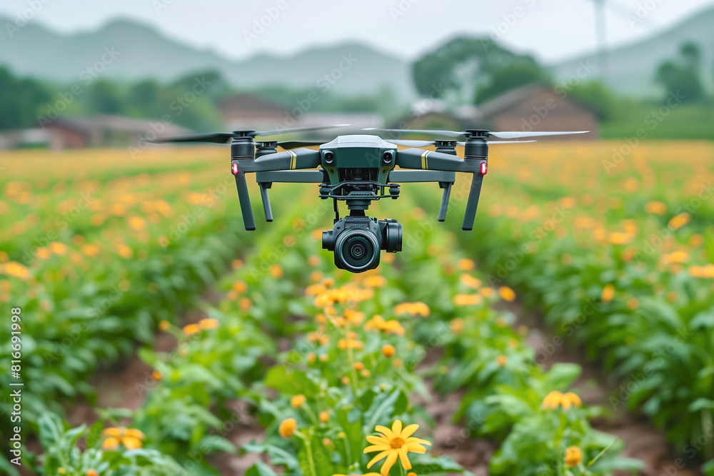Drone flies over a colorful flower field Drone flies over a colorful flower field